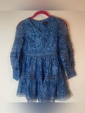 Bardot Dusty Blue Lace Tiered Mini Dress